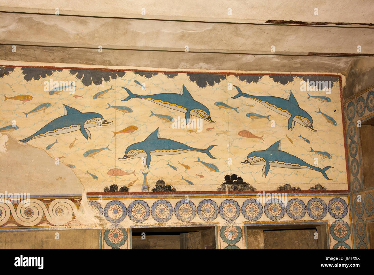 The Palace of Knossos was the ceremonial and political centre of the Minoan civilization and culture. Here the queen's megaron with dolphin frescoes. Stock Photo