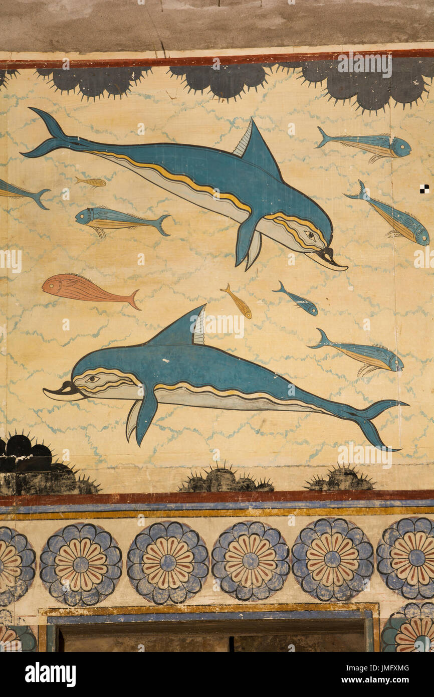The Palace of Knossos was the ceremonial and political centre of the Minoan civilization and culture. Here the queen's megaron with dolphin frescoes. Stock Photo
