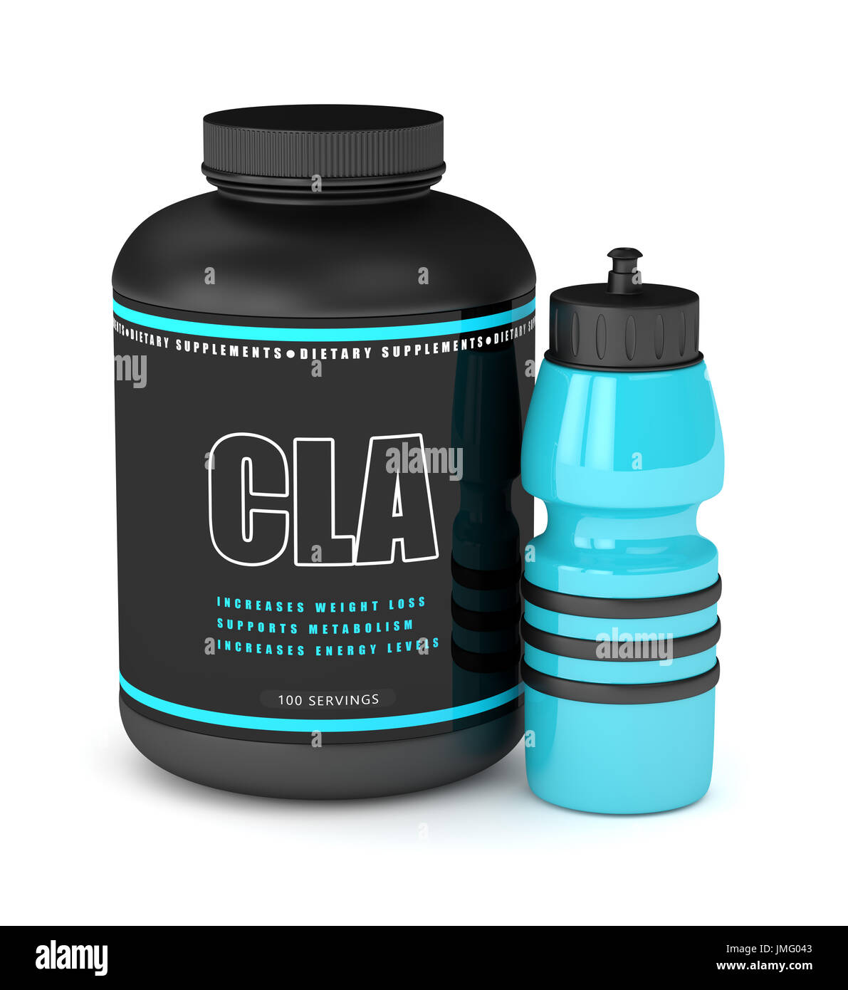3d render of CLA powder with shaker bottle isolated over white