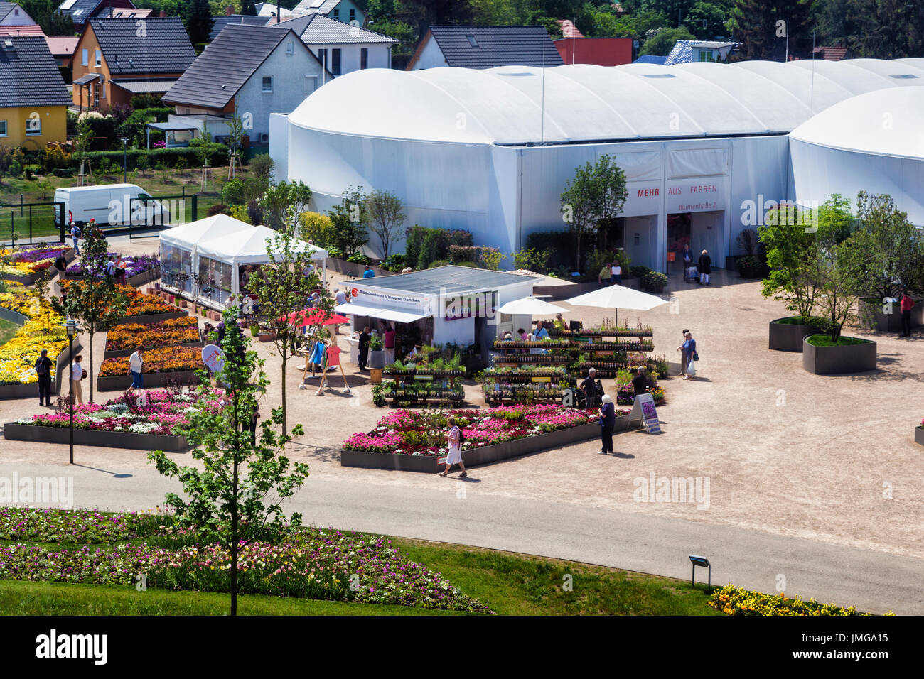 Berlin,Marzahn. Gardens of the World botanic garden,Gärten der Welt,IGA 2017 flower hall and floral displays,View from new cable way Stock Photo