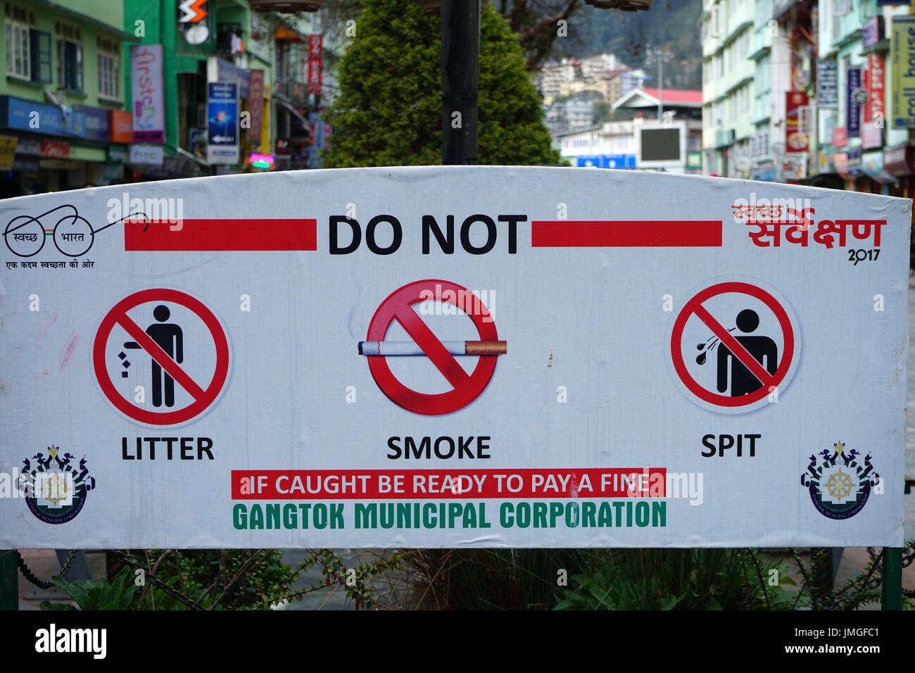 Billboard against littering, smoking, spitting, Town Gangtok, Sikkim, India Stock Photo
