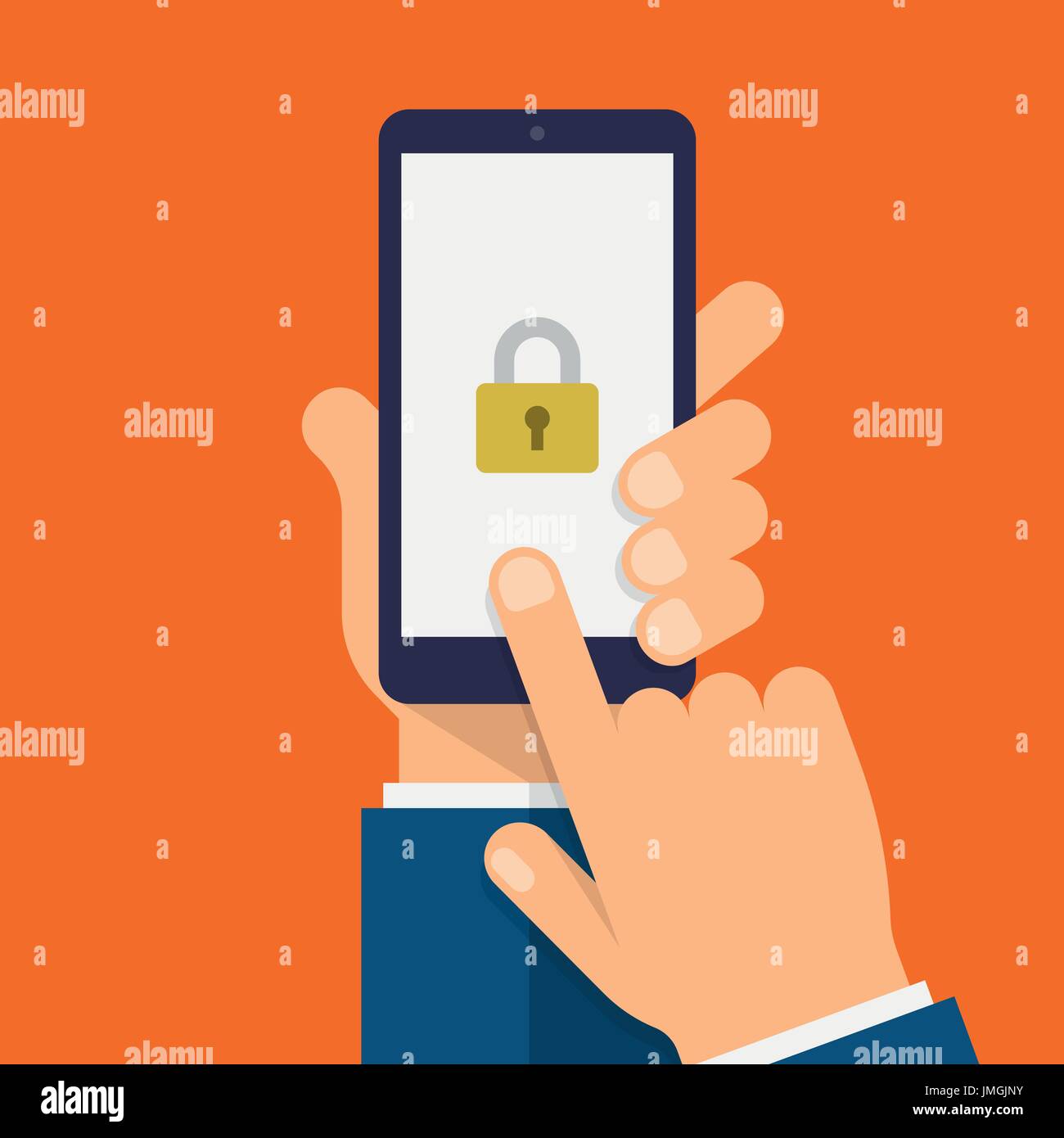 Lock on smartphone screen. Hand holds the smartphone and finger touches screen. Modern Flat design illustration. Stock Vector