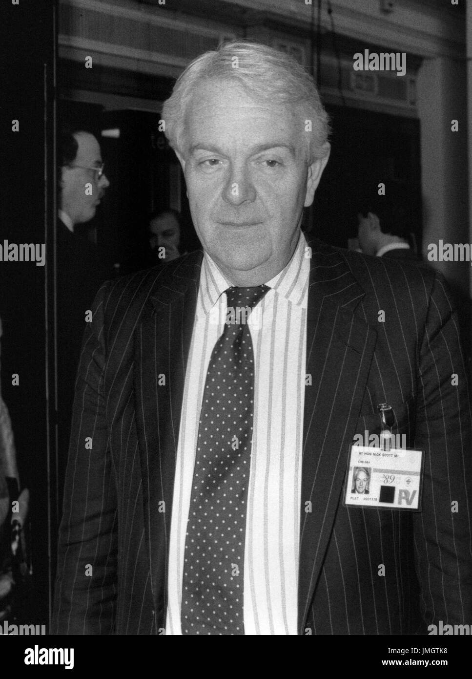 Rt. Hon. Nicholas Scott, Conservative party Member of Parliament for Chelsea, attends the party conference in Blackpool, England on October 10, 1989. Stock Photo