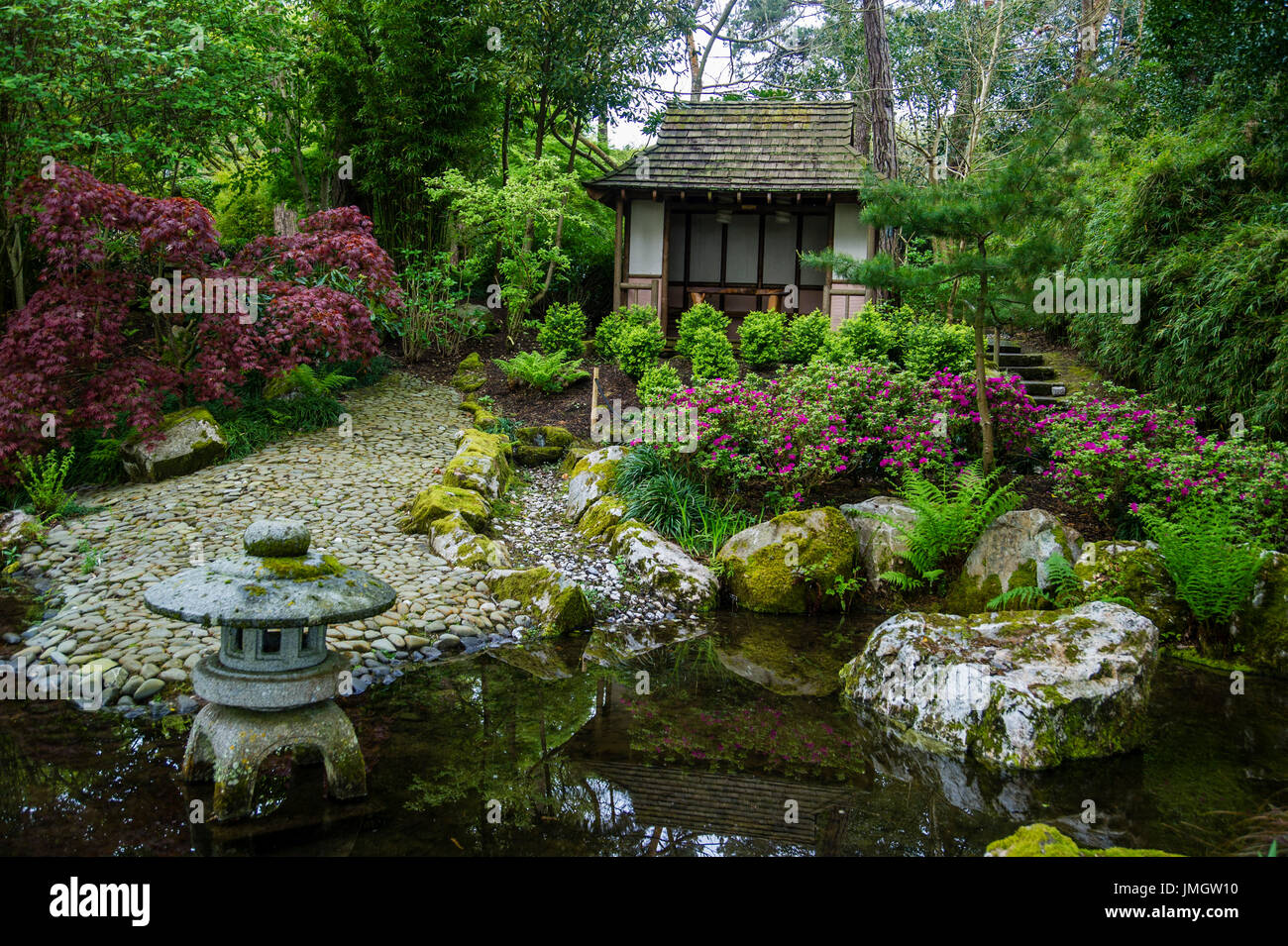 The summer house in the Japanese garden at Pinetum Park and Pine Lodge Gadens Stock Photo