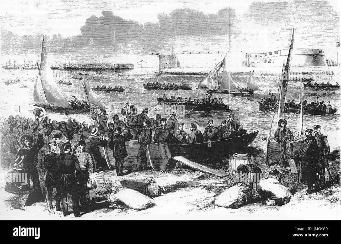 ROYAL NAVY Sailors embarking at Portsmouth Harbour for service with the Baltic Fleet during the Crimean War Stock Photo