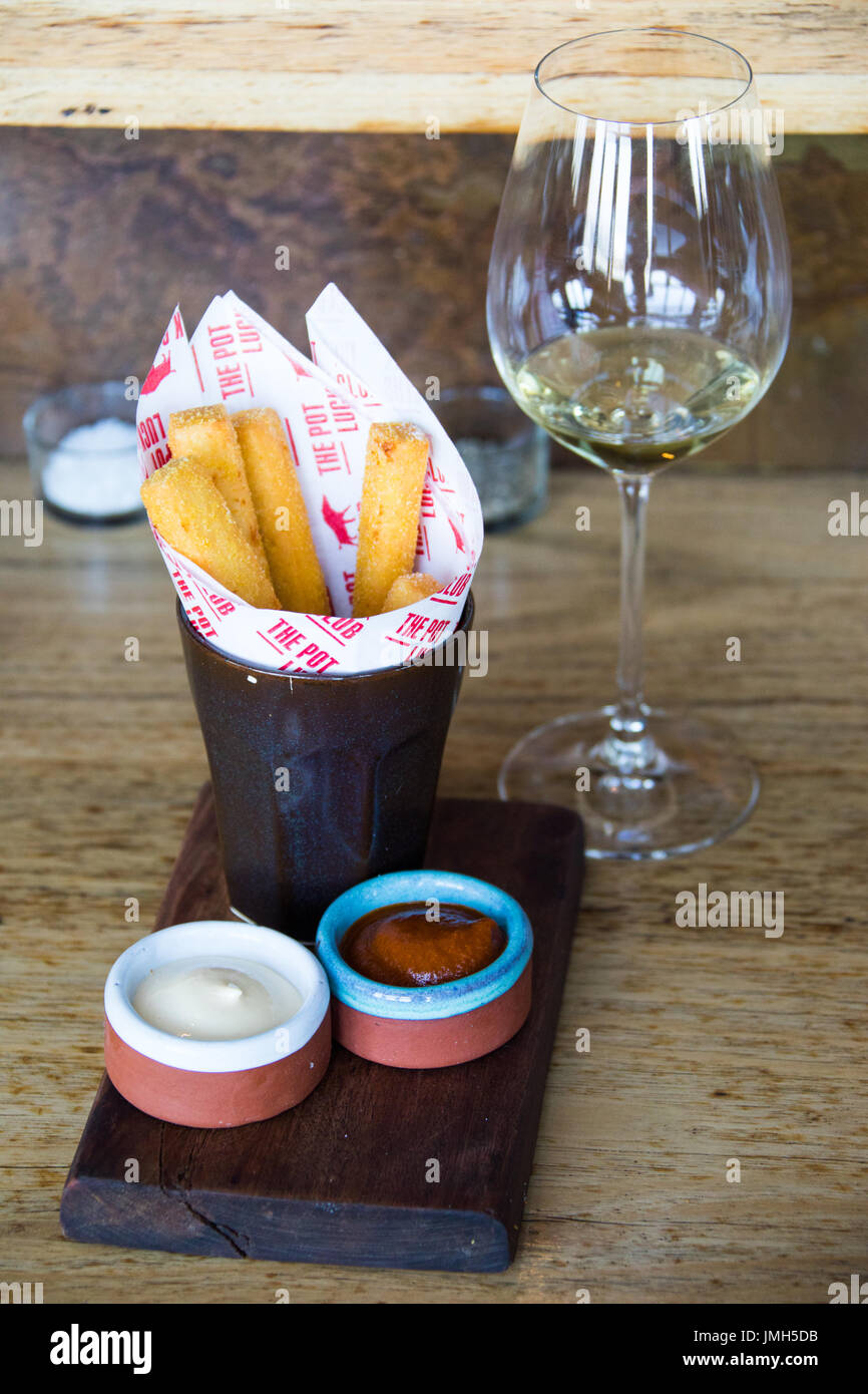 Chickpea fries with aioli and ketchup, The Pot Luck Club, Cape Town, South Africa Stock Photo