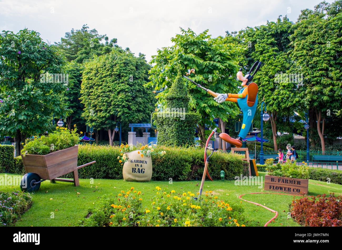 Goofy is decorating his garden at Hong Kong Disneyland Stock Photo