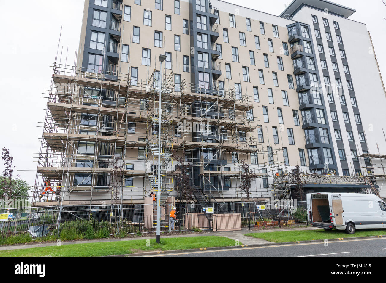 Workmen at Kennedy Gardens high rise flats in Billingham,Teesside