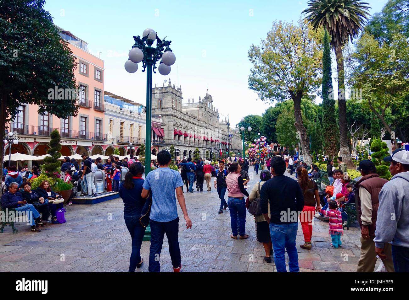 Crowd at the Zocalo gathering before Muertos, Day of the Dead, parade, Puebla, Mexico. Stock Photo