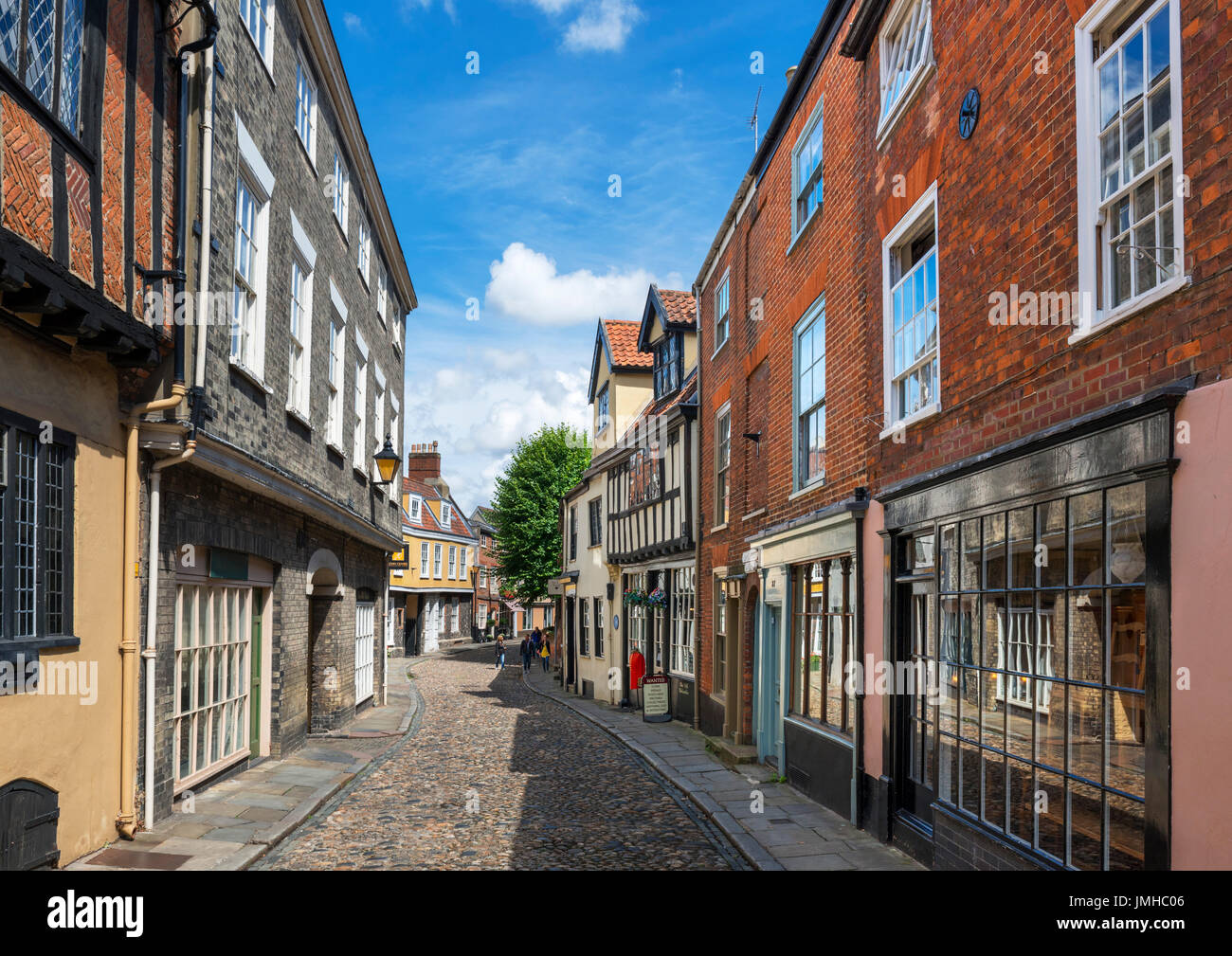 Elm Hill, an historic street in the old town, Norwich, Norfolk, England, UK Stock Photo