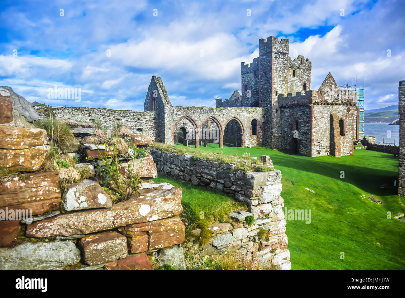 Saint Patrick cathedral inside Peel castle constructed by Vikings in Peel city in the Isle of Man Stock Photo