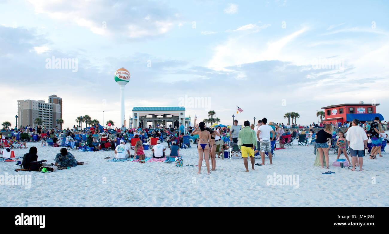 A crowd gathers at Pensacola Beach for the Bands on the Beach entertainment at the Pensacola Beach ampitheater. Stock Photo