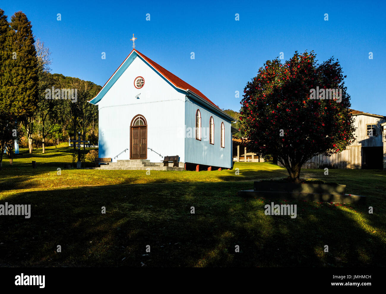 Nossa Senhora da Saude Church, at Linha Pinhal. Treze Tilias, Santa Catarina, Brazil. Stock Photo