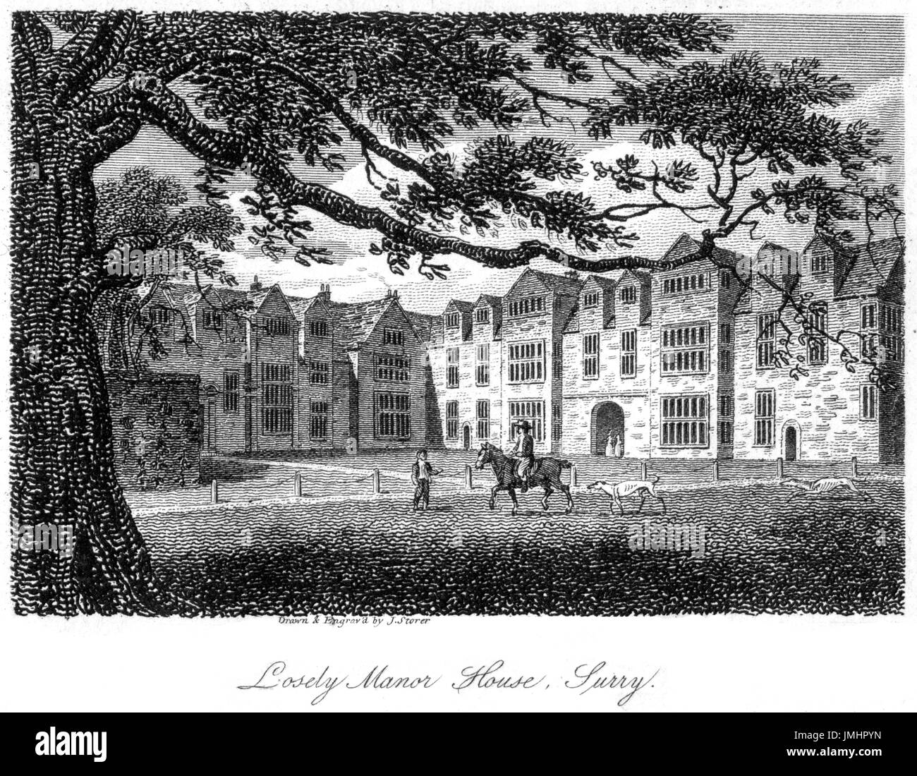 An engraving of Losely Manor House, Surry (Loseley Park, Surrey) scanned at high resolution from a book printed in 1808.  Believed copyright free. Stock Photo
