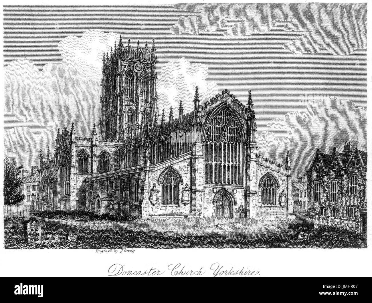 An engraving of Doncaster Church, Yorkshire scanned at high resolution from a book printed in 1808.  Believed copyright free. Stock Photo
