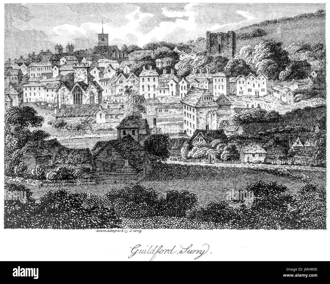 An engraving of Guildford, Surrey scanned at high resolution from a book printed in 1808.  Believed copyright free. Stock Photo