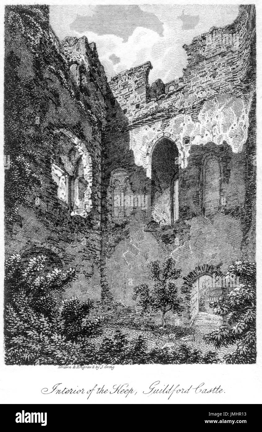 An engraving of the Interior of the Keep, Guildford Castle scanned at high resolution from a book printed in 1808.  Believed copyright free. Stock Photo