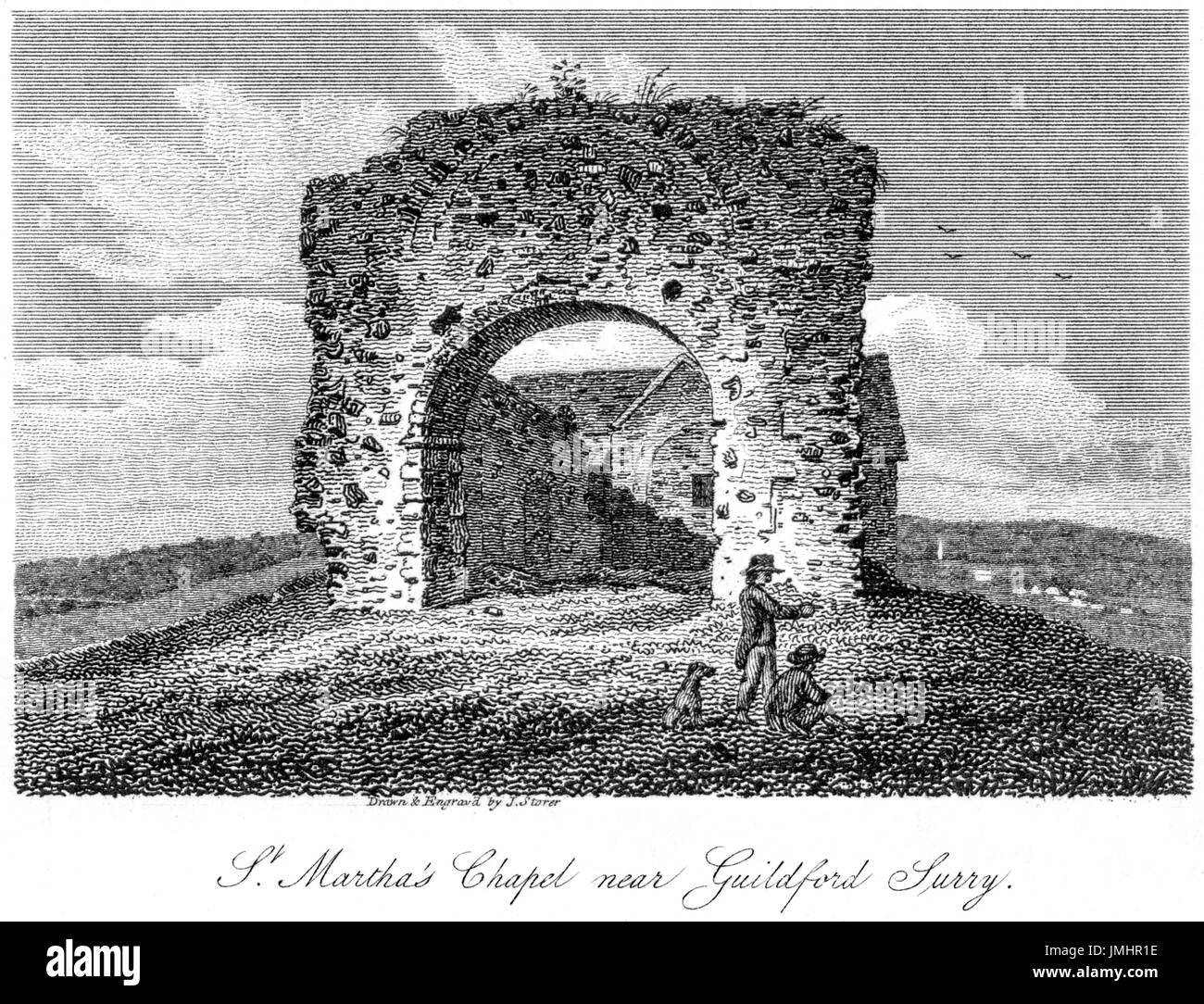 An engraving of St. Martha's Chapel near Guildford, Surry (Surrey) scanned at high resolution from a book printed in 1808.  Believed copyright free. Stock Photo