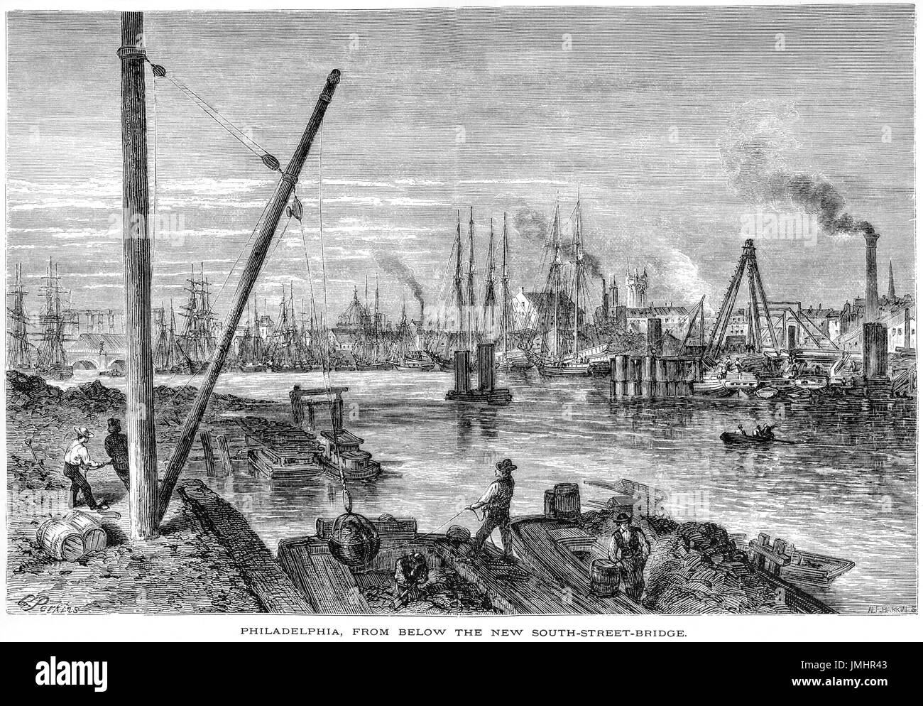 An engraving of Philadelphia from below the new South Street Bridge scanned at high resolution from a book published in 1874. Believed copyright free. Stock Photo