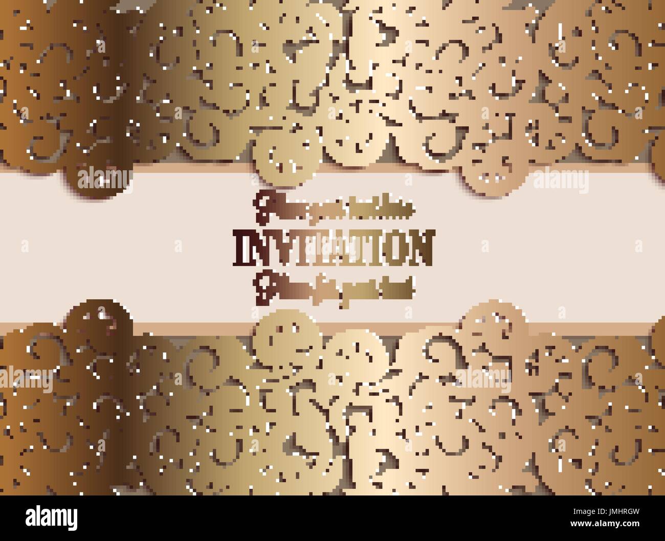 Antique baroque luxury wedding invitation, gold on beige background with frame and place for text, lacy foliage with shiny gradient. Stock Vector
