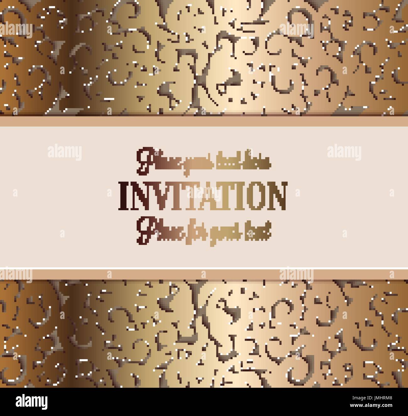 Antique baroque luxury wedding invitation, gold on beige background with frame and place for text, lacy foliage with shiny gradient. Stock Vector