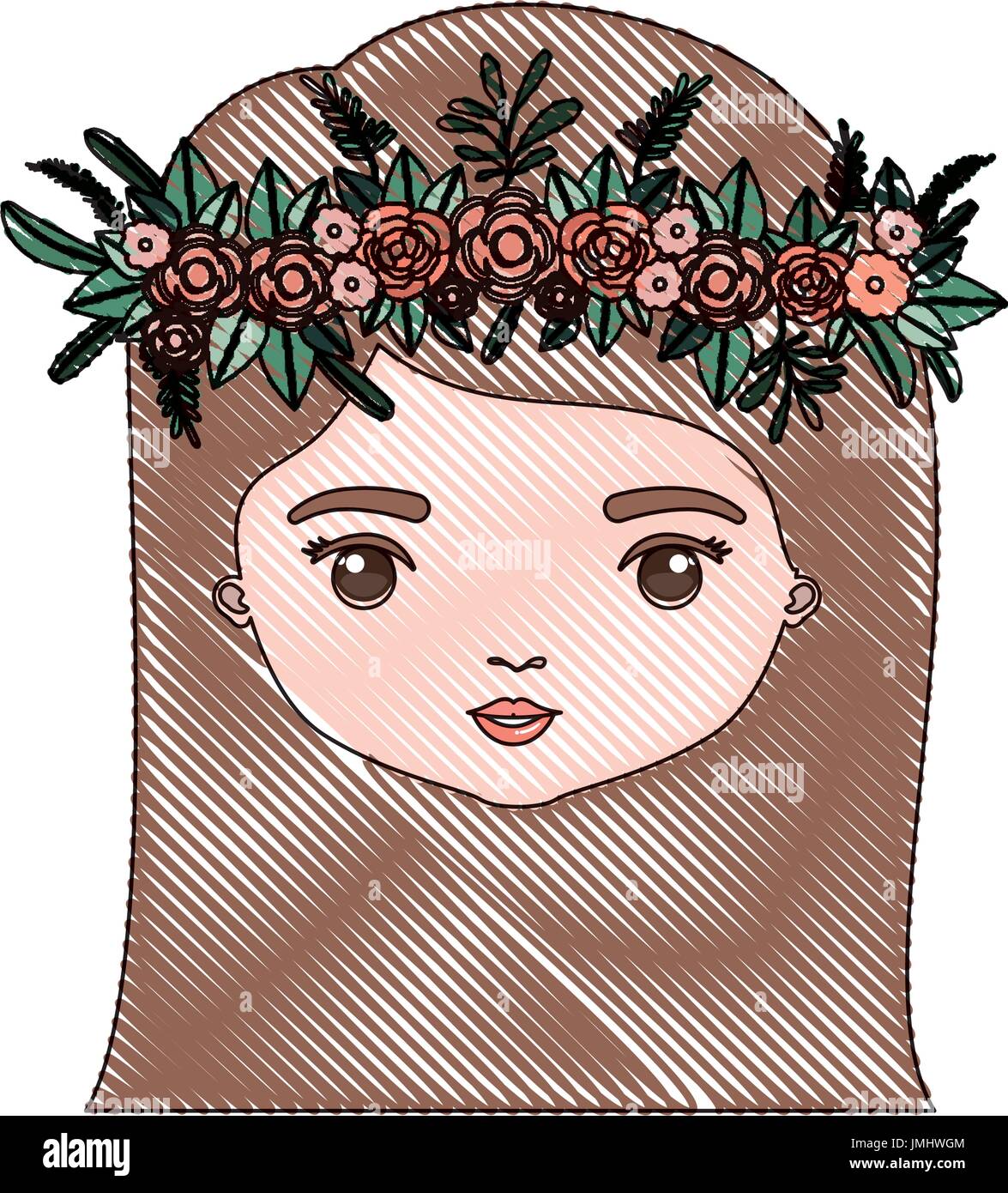 color crayon silhouette caricature closeup front view face woman with straigh medium hairstyle and crown decorate with flowers Stock Vector