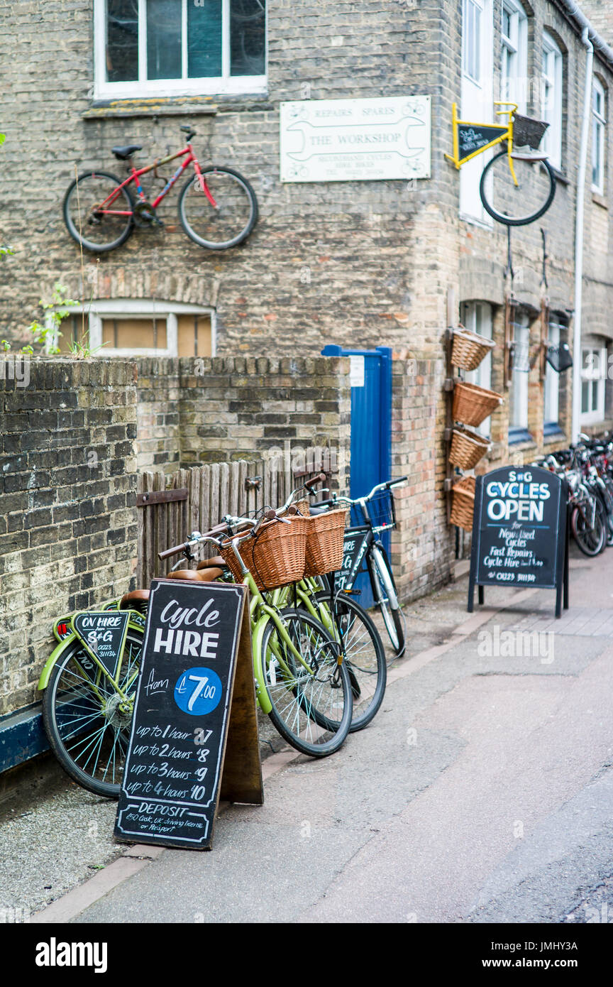 Bikes for hire in Central Cambridge, UK. Stock Photo