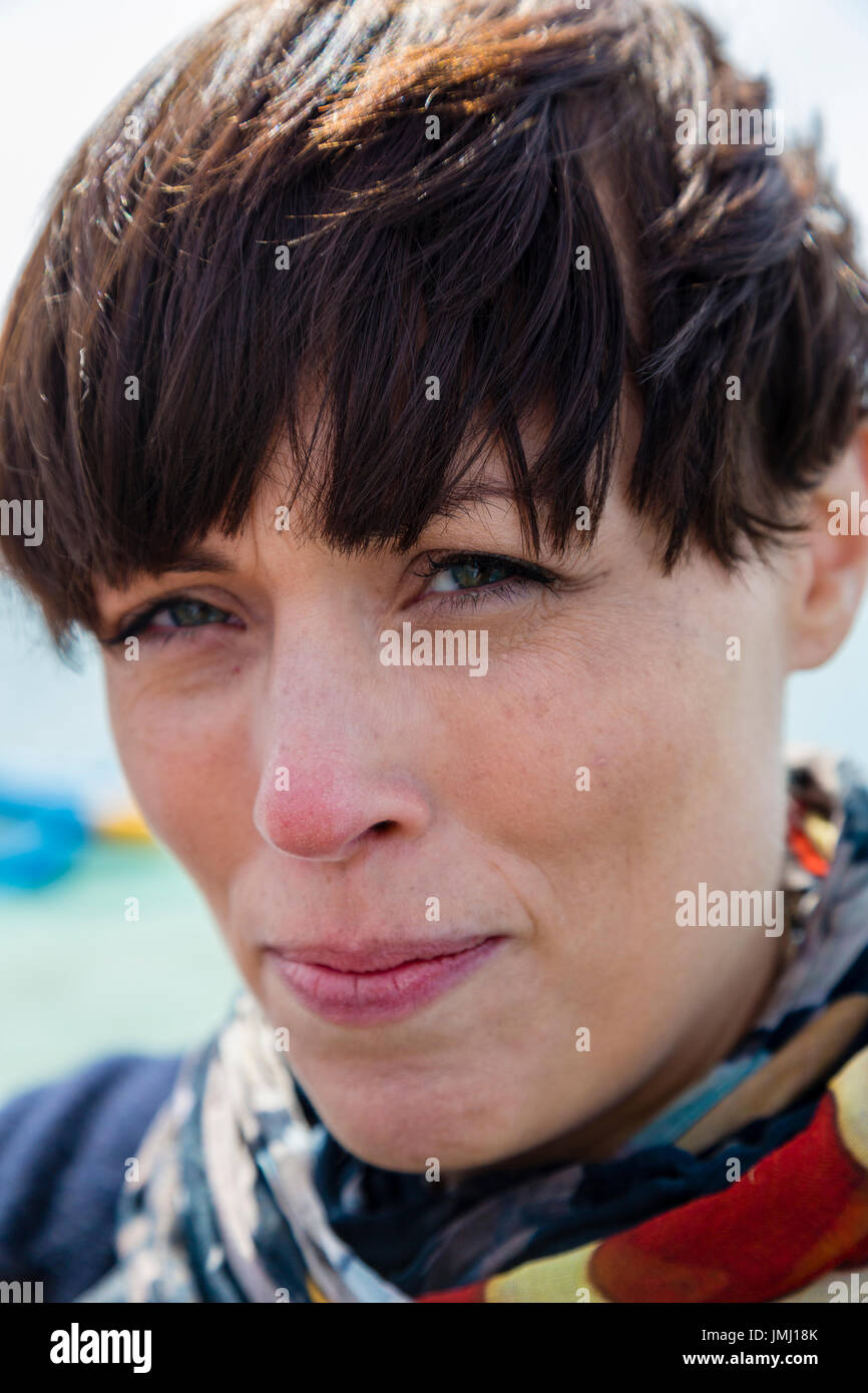 Woman With Short Hairstyle And Fringe Bangs Stock Photo Alamy