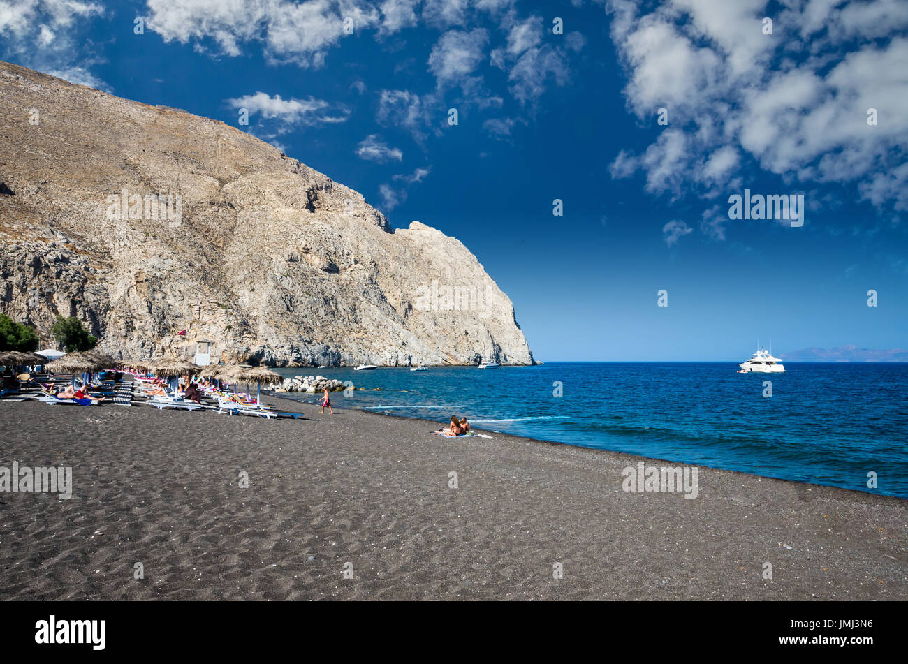 Perisa beach, Santorini, Greece. The black sand beach of Perissa on the Greek island of Thira. Stock Photo