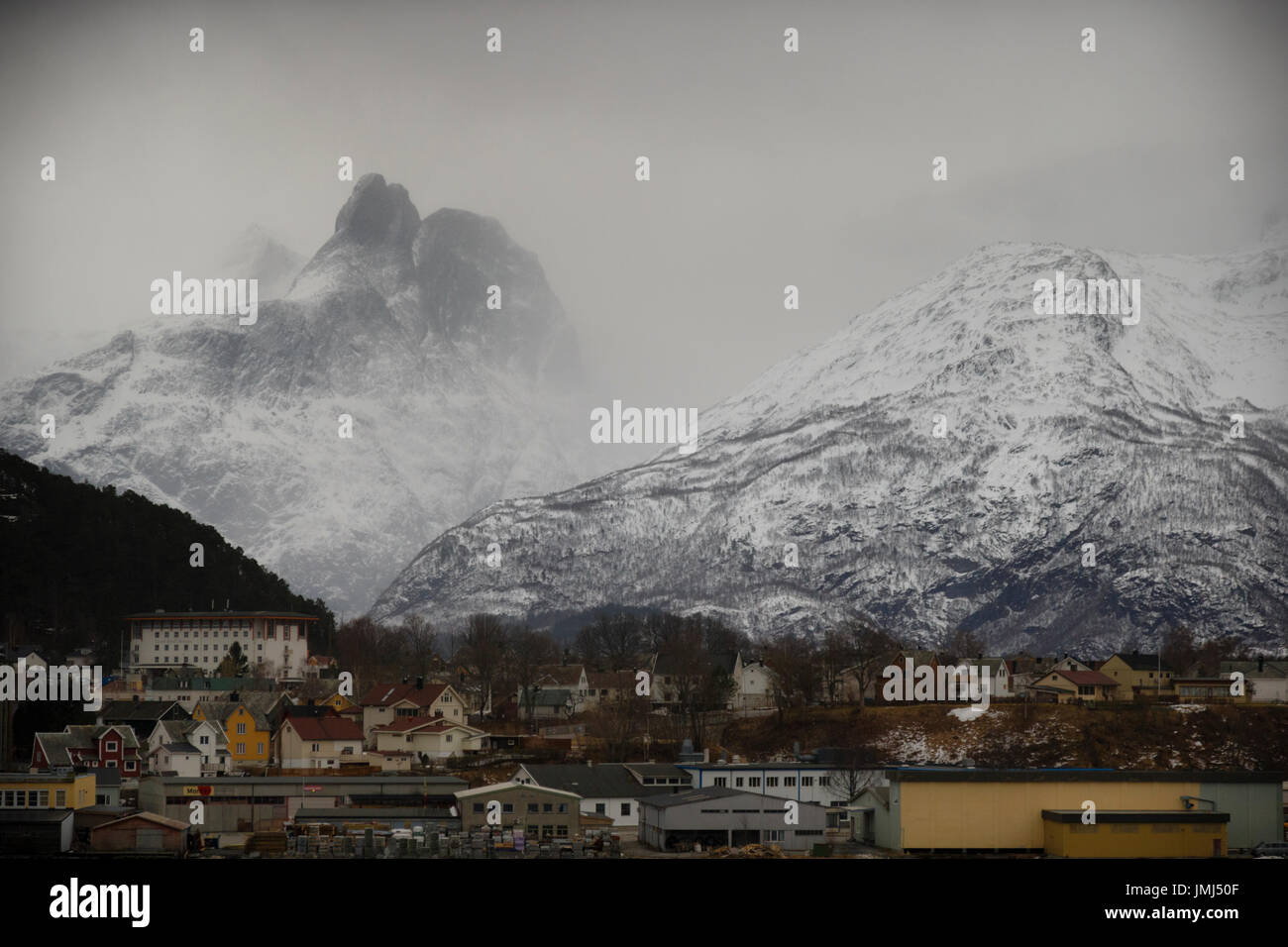 Mountains Looming Over The Town Of Analsnes, Norway Stock Photo