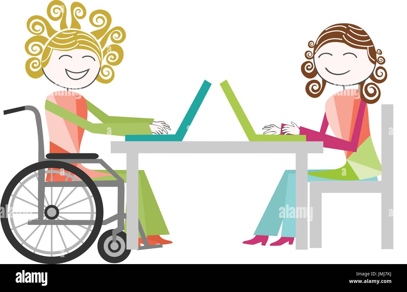 A disabled person in a wheelchair works on a computer with a person