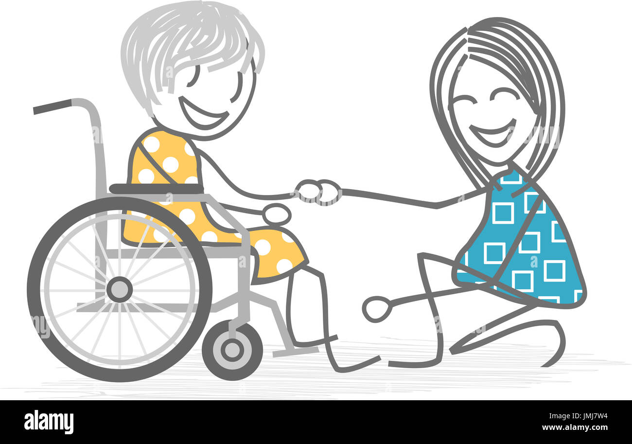 An old person in a wheelchair is helped by a nurse, auxiliary, friend, or someone of her family Stock Photo