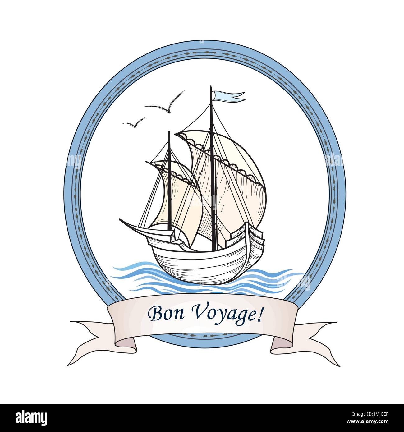 Sailing ship. Summer holiday Bon Voyage card. Sail boat transport.  Marine travel. Yacht sign Stock Vector