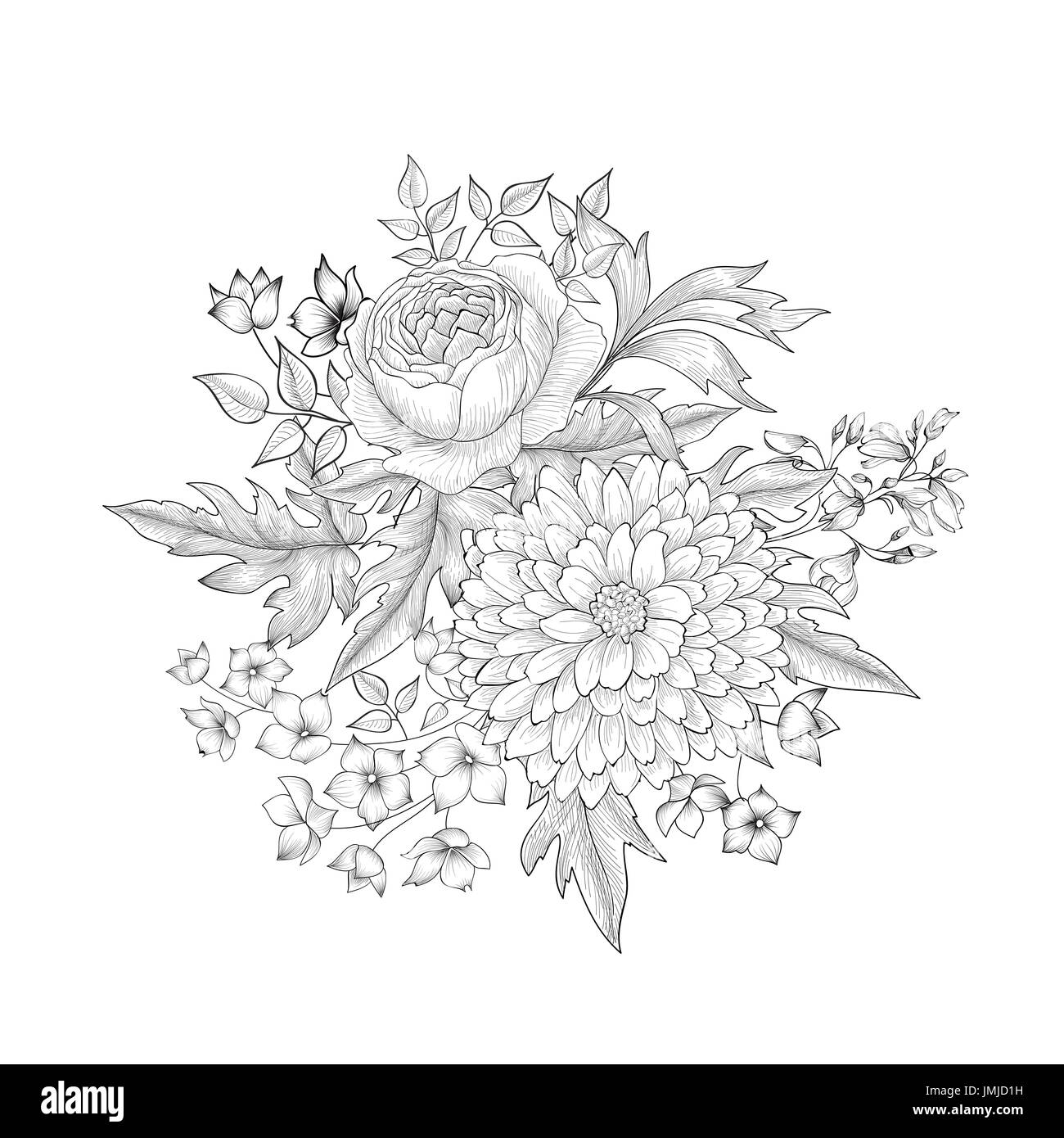 Simple Vintage Flower Bouquet Sketch Hand Drawn Botanical Illustration  with Line Art Flowers Black Ink Sketch Florals Stock Illustration   Illustration of bouquet greeting 231061641