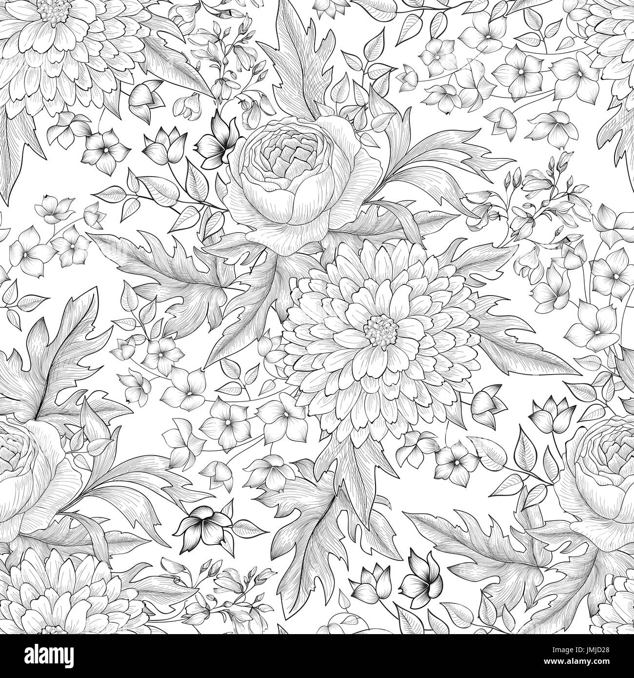 Flower bouquet seamless pattern. Floral sketch background. Engraving wallpaper Stock Vector