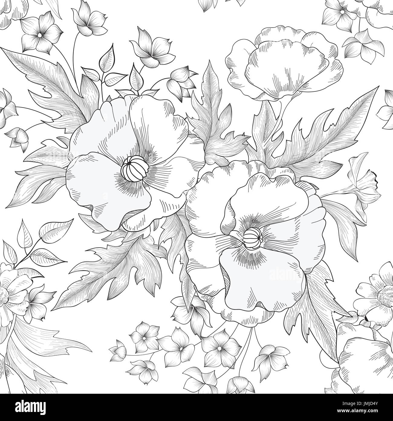 Floral seamless pattern. Summer Flower bouquet decor. Engraving background Stock Vector