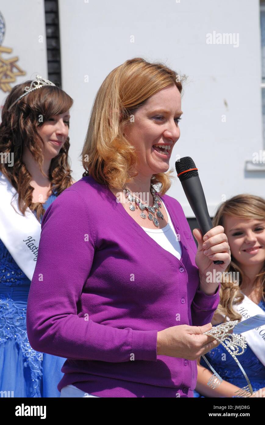 Amber Rudd, Conservative M.P. for Hastings and Rye, speaks at the opening of the annual Old Town Carnival in Hastings, England on July 30, 2011. Stock Photo
