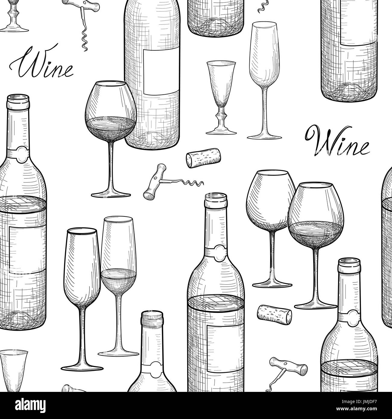 Drink wine seamless engrave pattern. Wine glass and bottle background ...