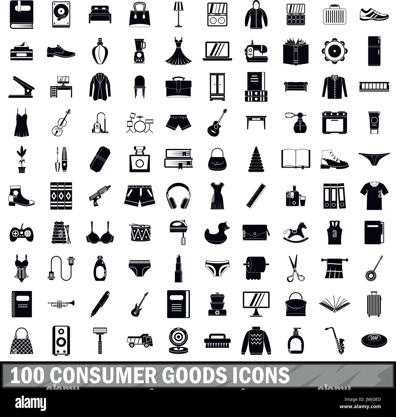100 consumer goods icons set, simple style  Stock Vector