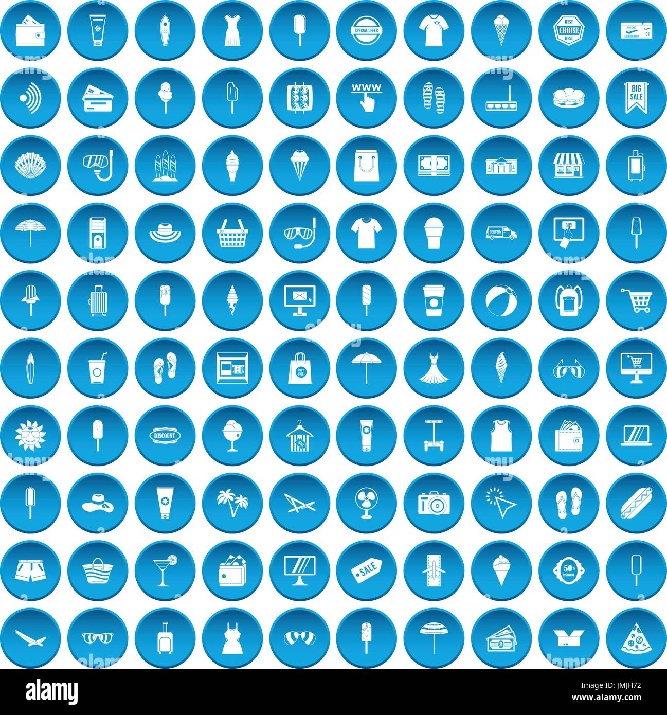 100 summer shopping icons set blue Stock Vector