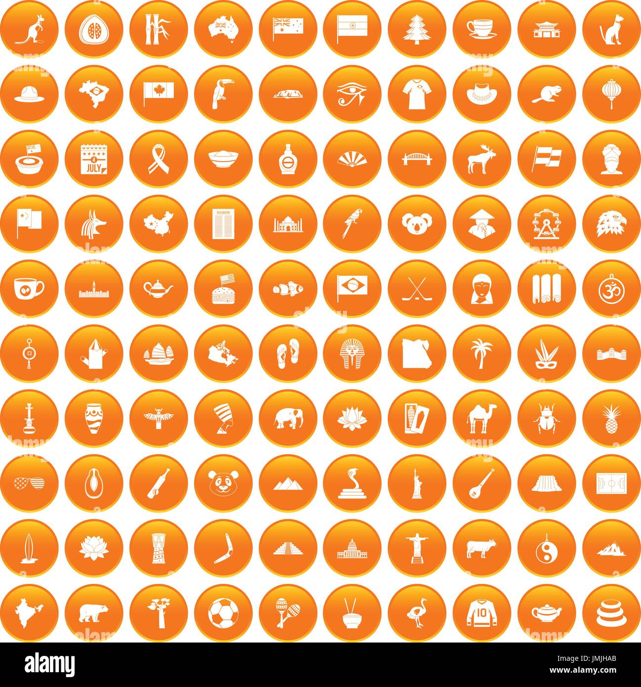 100 landmarks icons set orange Stock Vector