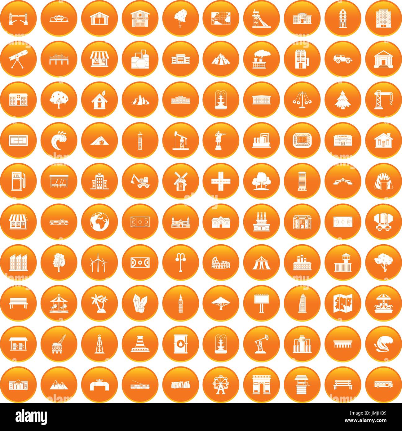 100 landscape element icons set orange Stock Vector