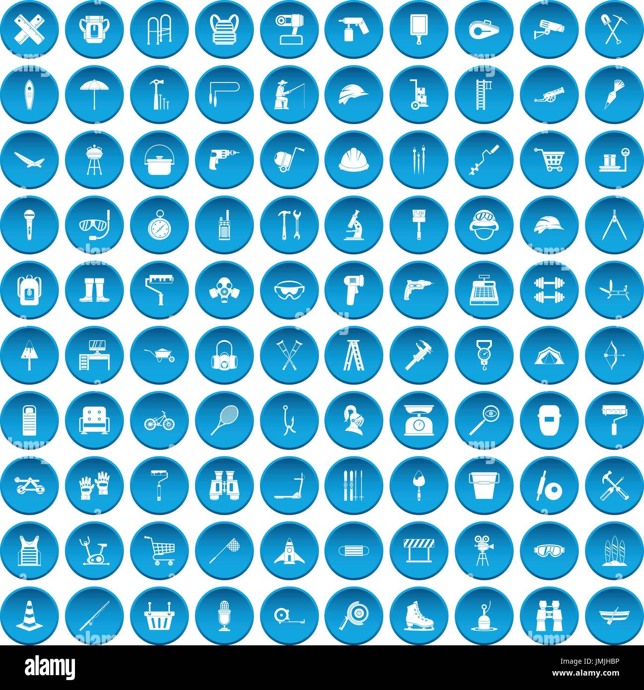 100 tackle icons set blue Stock Vector