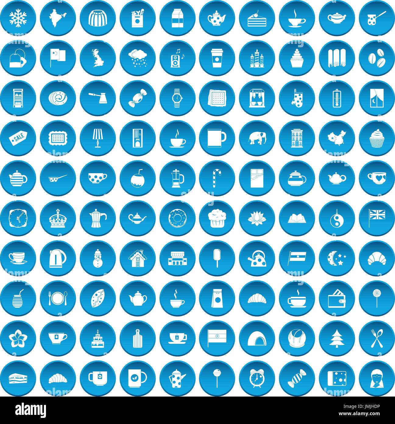 100 tea cup icons set blue Stock Vector