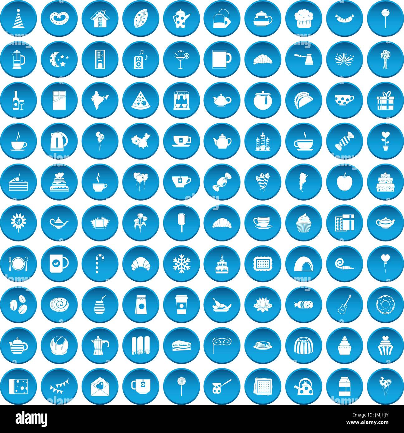 100 tea party icons set blue Stock Vector