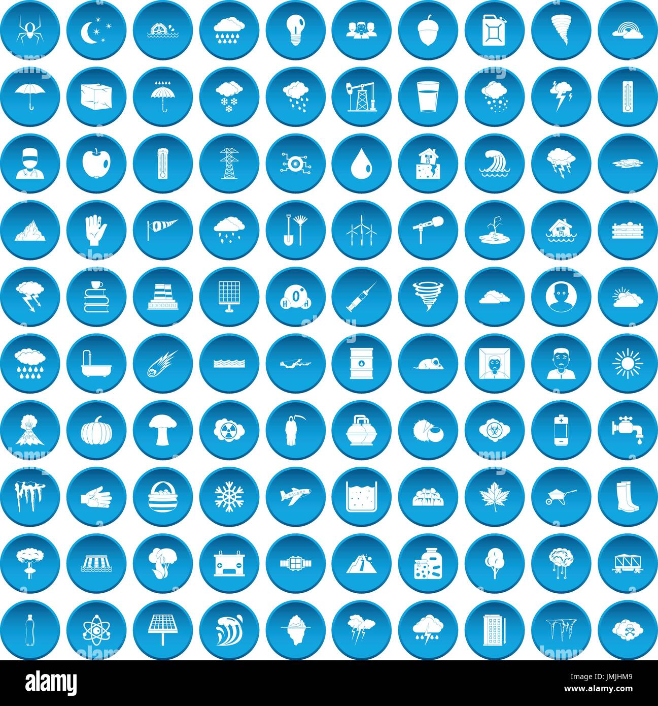 100 thunderstorm icons set blue Stock Vector