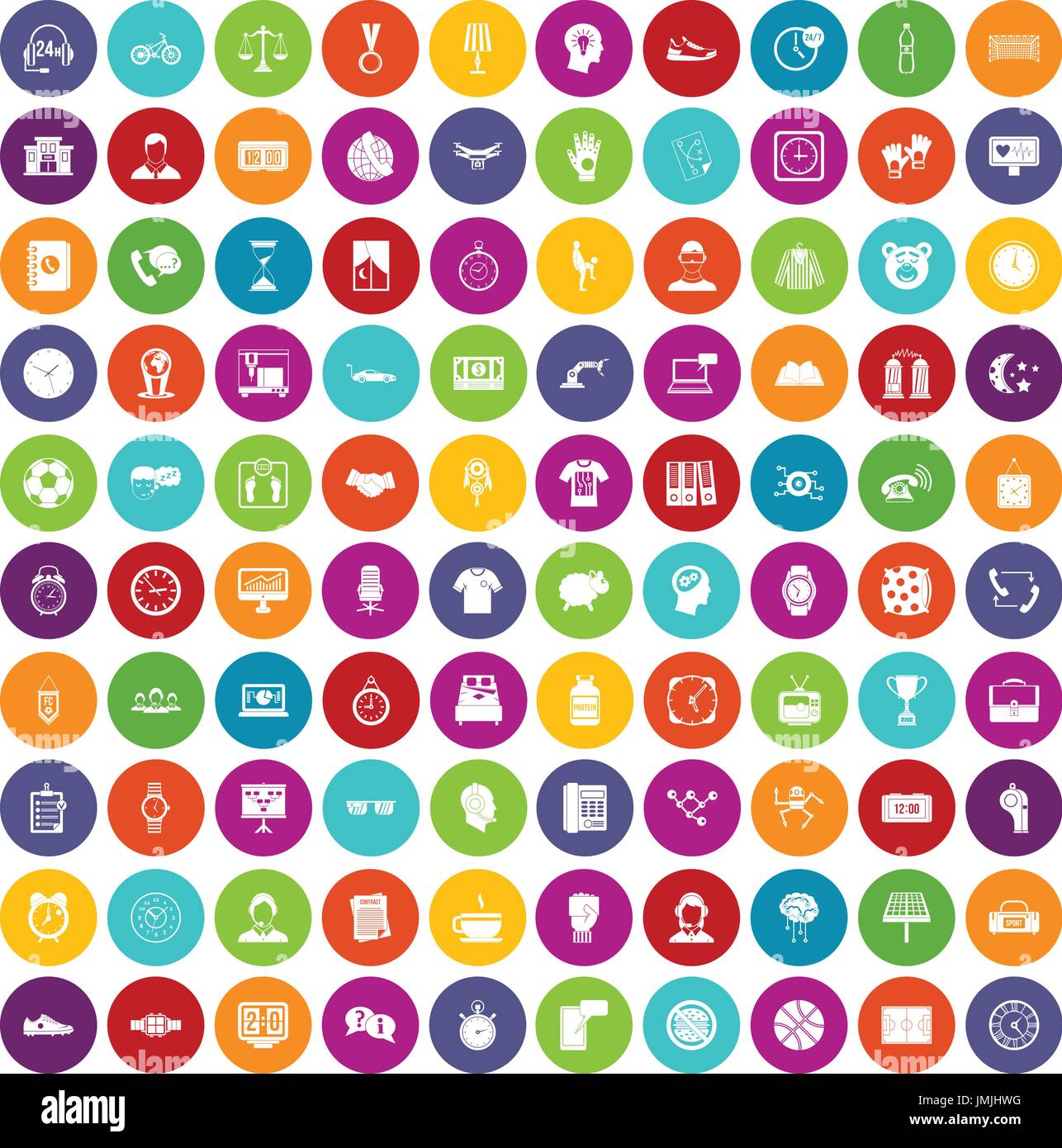100 clock icons set color Stock Vector