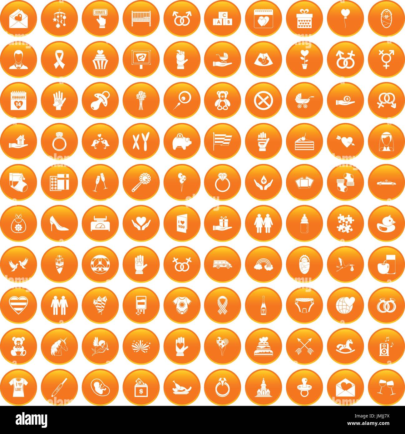 100 love icons set orange Stock Vector