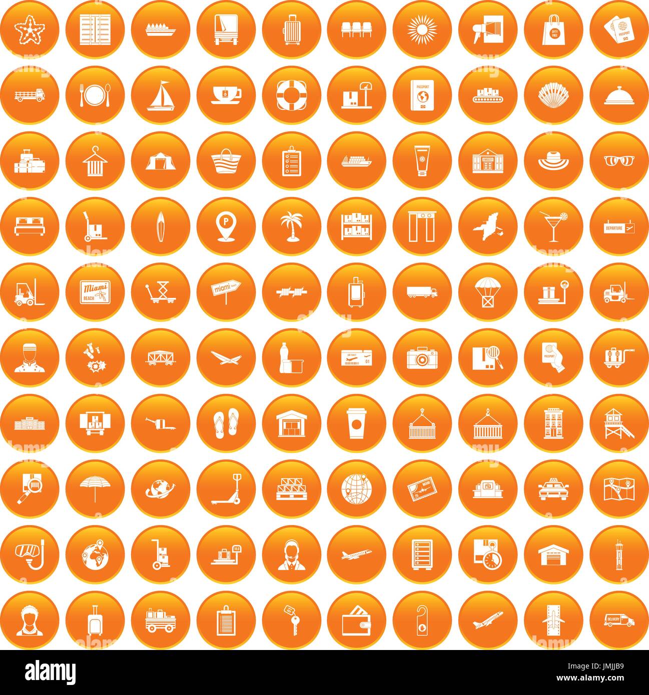 100 luggage icons set orange Stock Vector