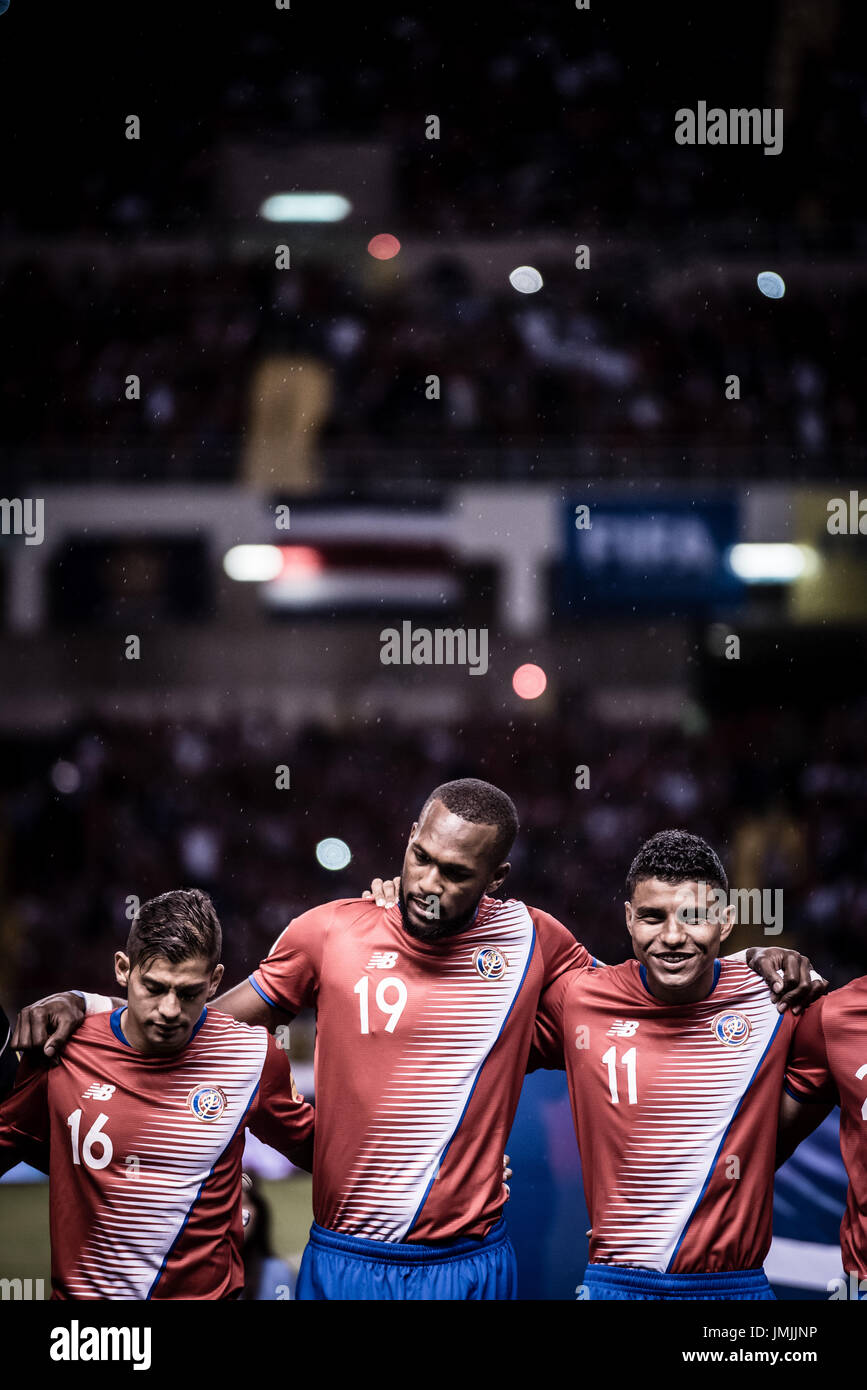 SAN JOSE, COSTA RICA. JUNE 13, 2017 - Costa Rica players Cristian Gamboa, Kendall Waston and Johan Venegas, before the game starts. Costa Rica won 2-1 Stock Photo